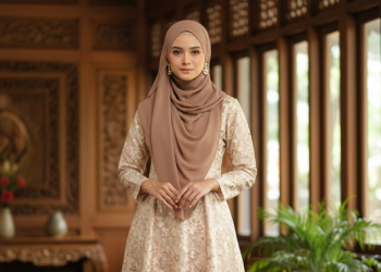 Gamis Batik Brokat Champagne dan 7 Rekomendasi Kerudung Elegan yang Cocok